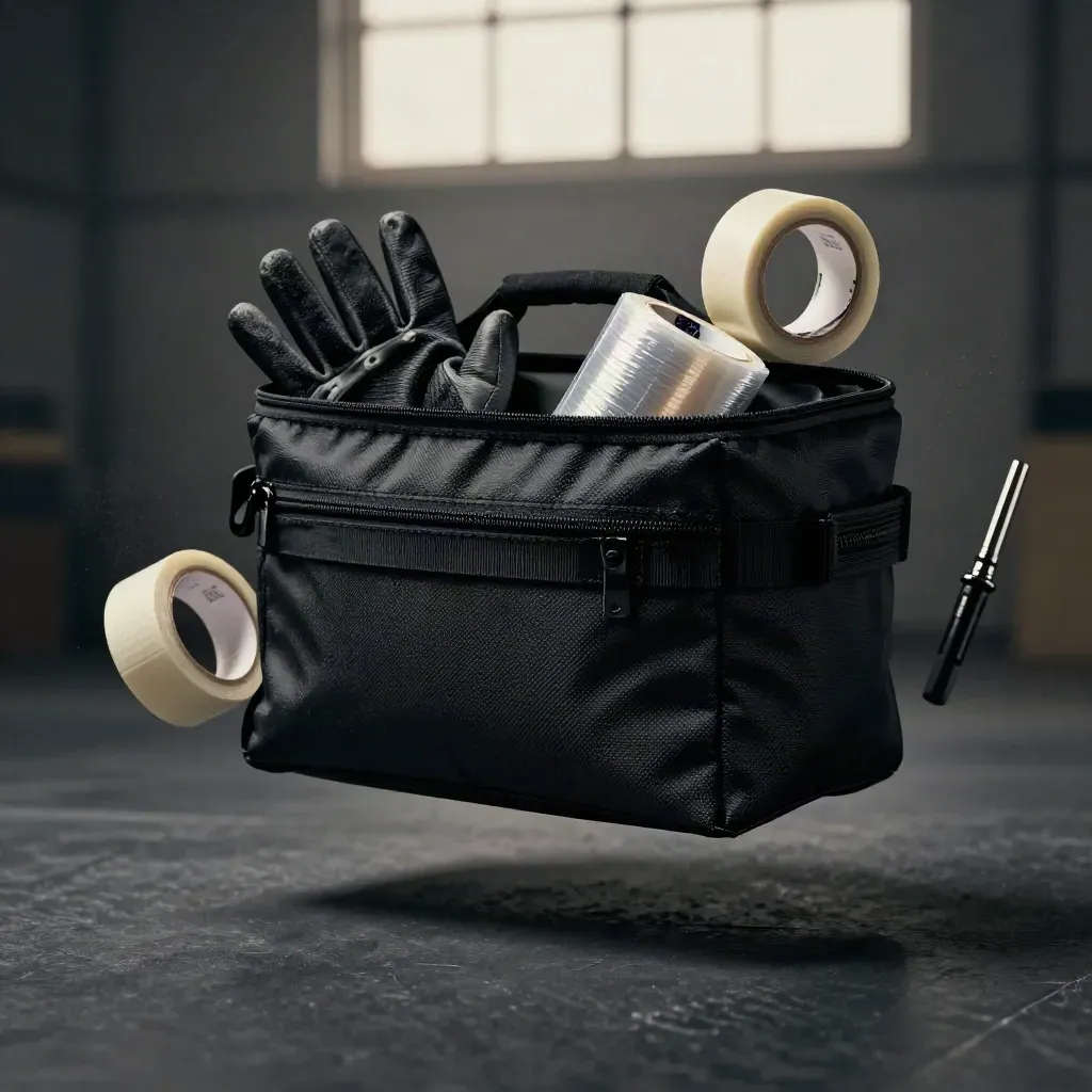 Matte-black warehouse kit with gloves, tape, torch and wrap on a dark field.