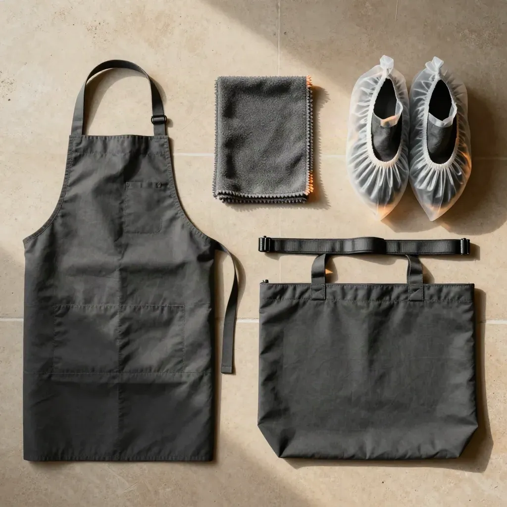 Overhead flatlay of a retail closing kit on pale stone with apron, cloth, shoe covers, pouch and tote.