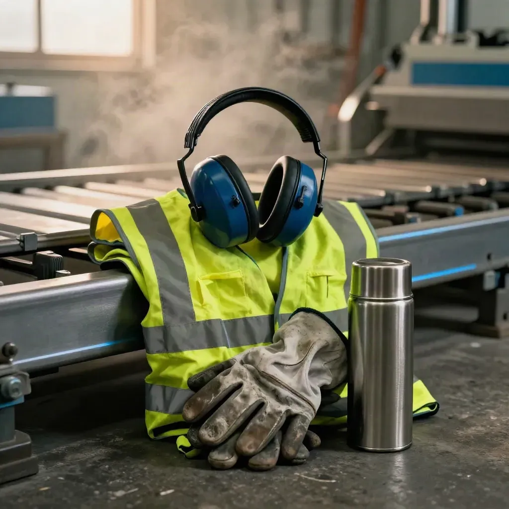 Factory line operator kit with ear defenders, gloves, hi-vis vest and thermos case on concrete.