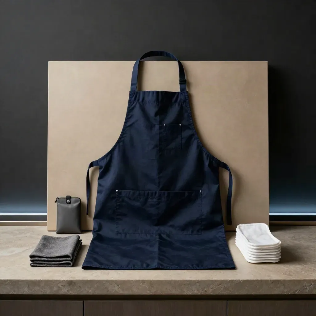 Birmingham retail closing kit with apron, cloth, tag pouch and shoe covers on pale stone.