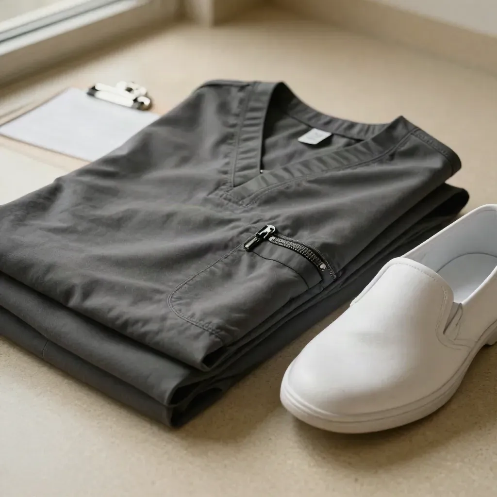 Care night assistants kit with scrubs, shoes, pouch and clipboard sleeve on cream linoleum.