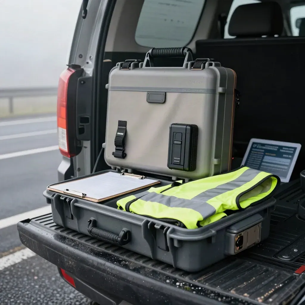 Night-shift rescue kit on a van tailgate in cold mist, with vest, battery, sleeve and case