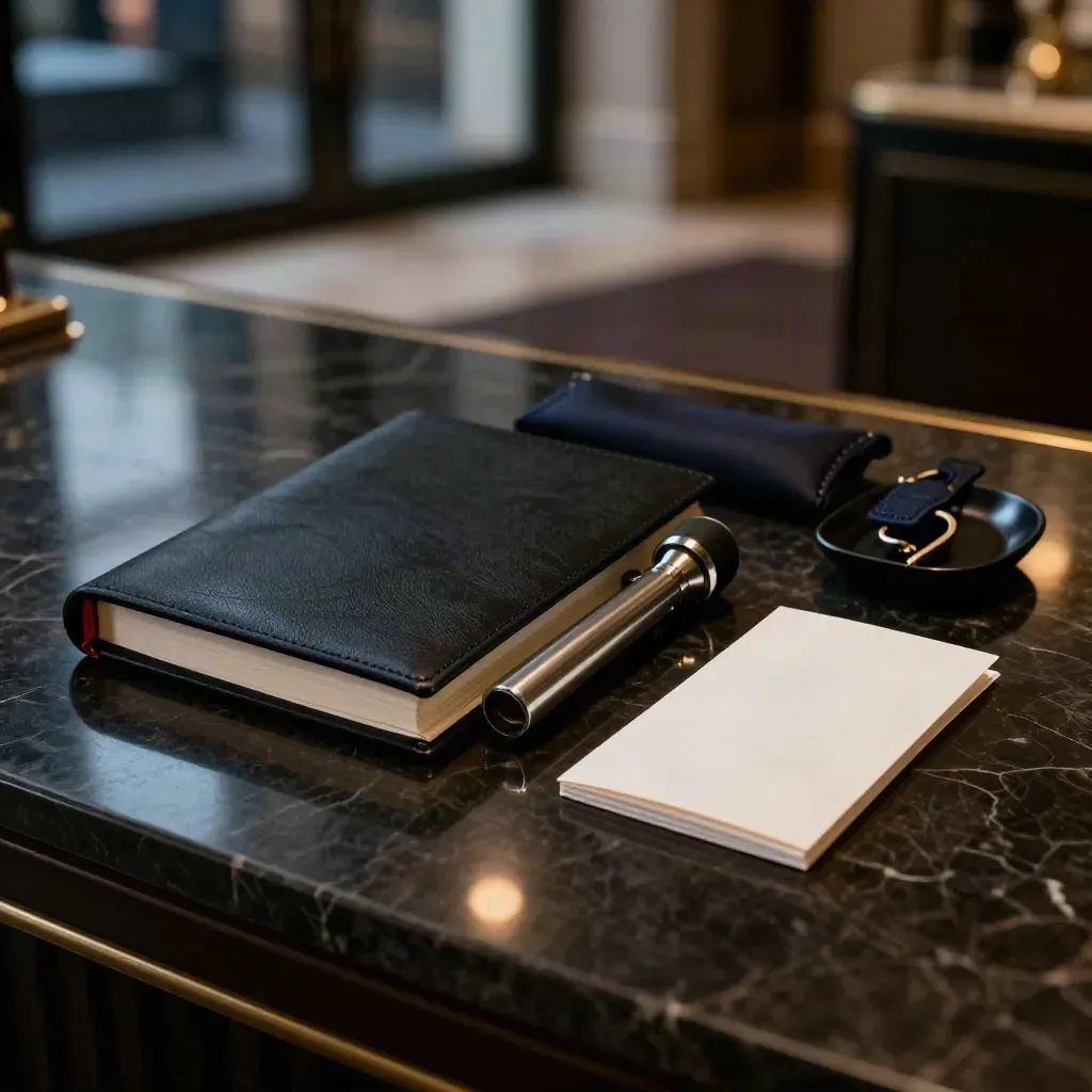 Hotel night desk kit with folio, torch, pouch and brass key tray on dark marble.